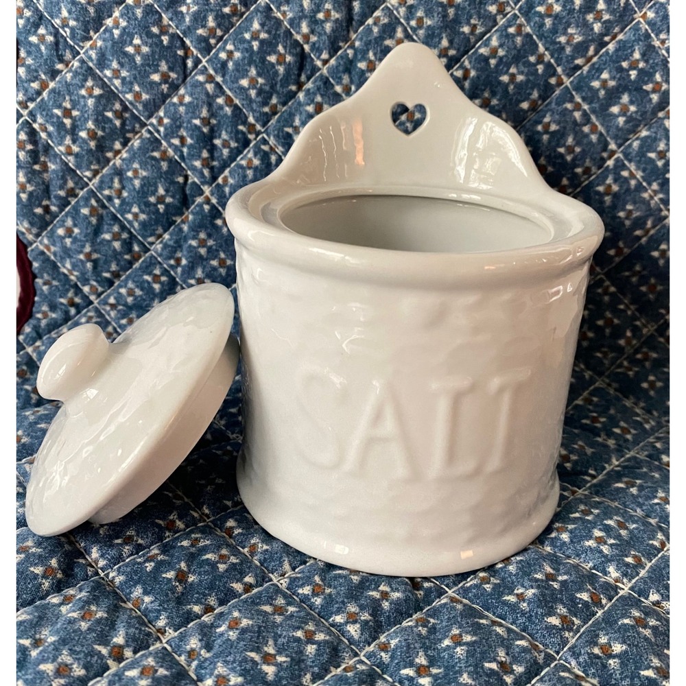 White Ceramic Salt Cellar Lidded Canister Embossed Heart Cutout Farmhouse Crock